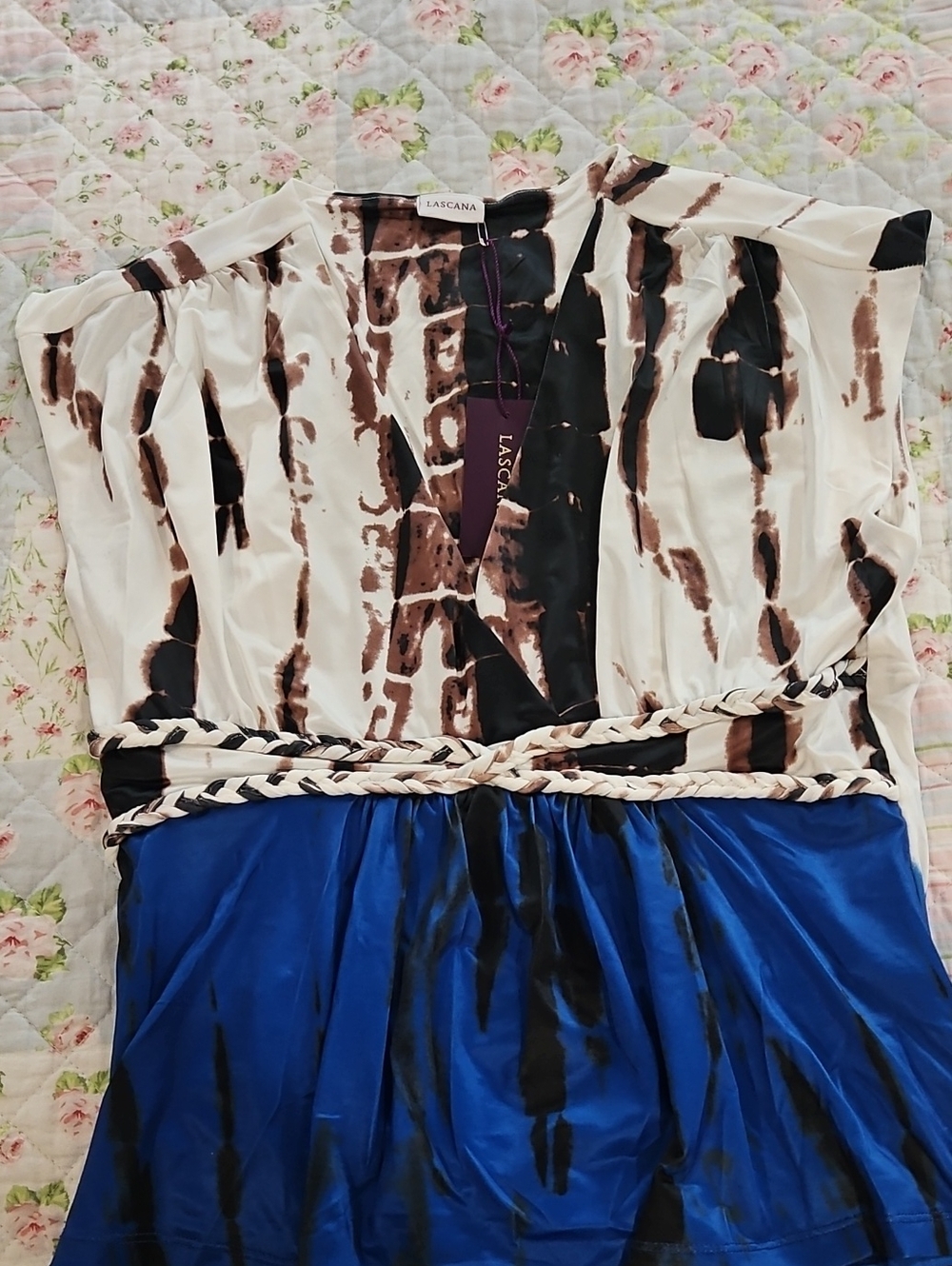 Lascana Patterned V-Neck Top in White, Brown & Royal Blue